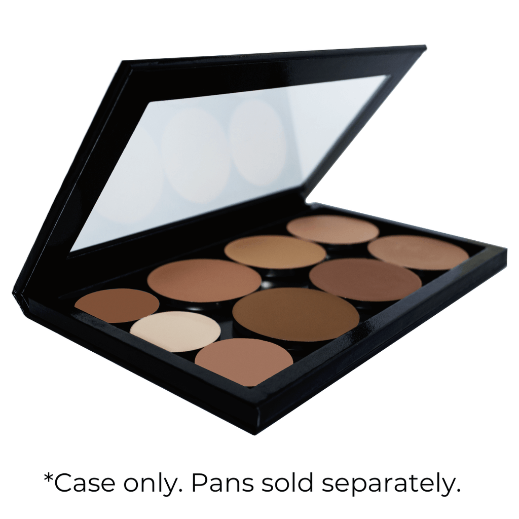 open black rectangular case hinging at back with 6 large and 3 small circular pans inside, text below "* Case only. Pans sold separately." white background
