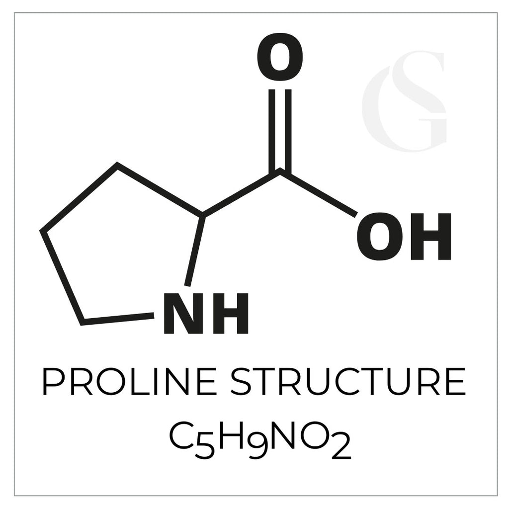 chemical structure with words below, "PROLINE STRUCTURE; C5H9NO2", white background