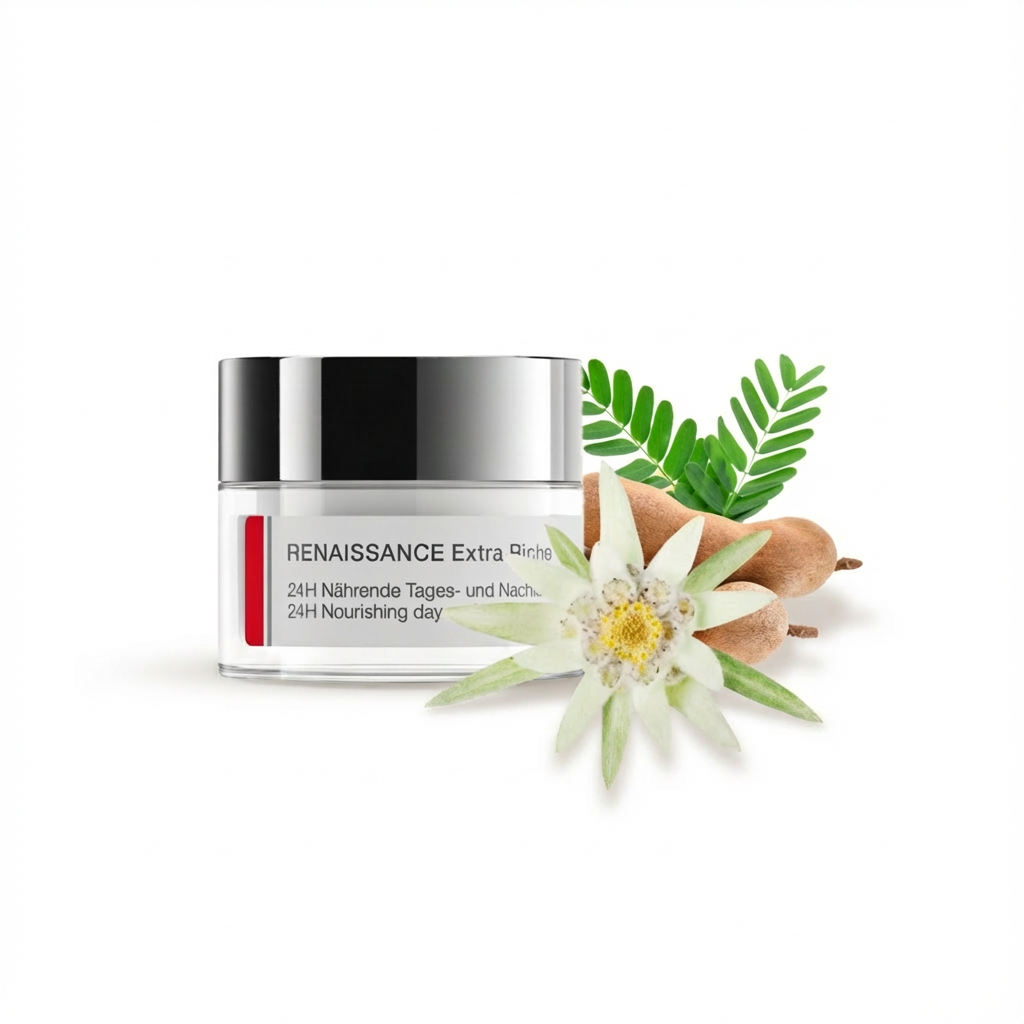 Cosmetic jar labeled 'Renaissance Extra Riche' with a flower and leaves on a white background