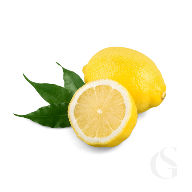 Two lemons, one whole and one sliced, with a green leaf on a white background.