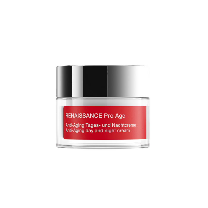 Cosmetic jar labeled 'RENAISSANCE Pro Age' on a white background