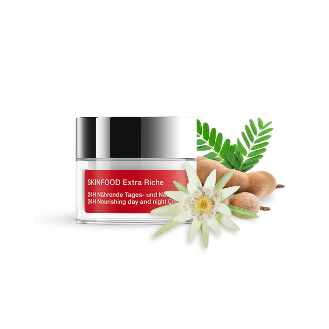 SKIN FOOD Extra Riche cream jar with a flower and leaves on a white background
