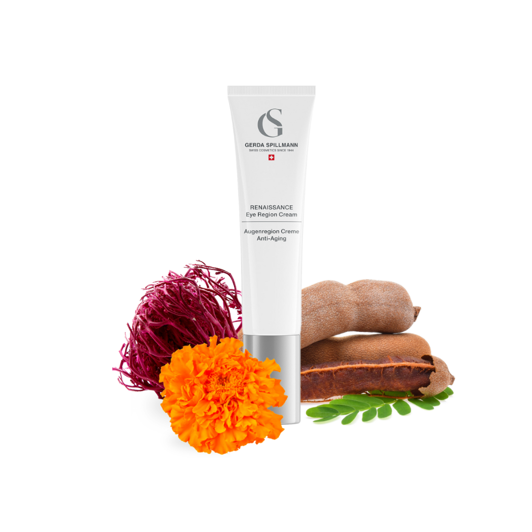 Gerda Spillmann Anti-Aging Eye cream tube with natural ingredients on a white background