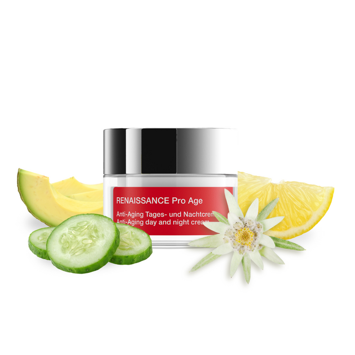 Cosmetic jar labeled 'RENAISSANCE Pro Age' with cucumber slices, lemon, and a flower on a white background