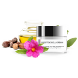 Prestige Cell Cream jar with flowers and nuts on a white background